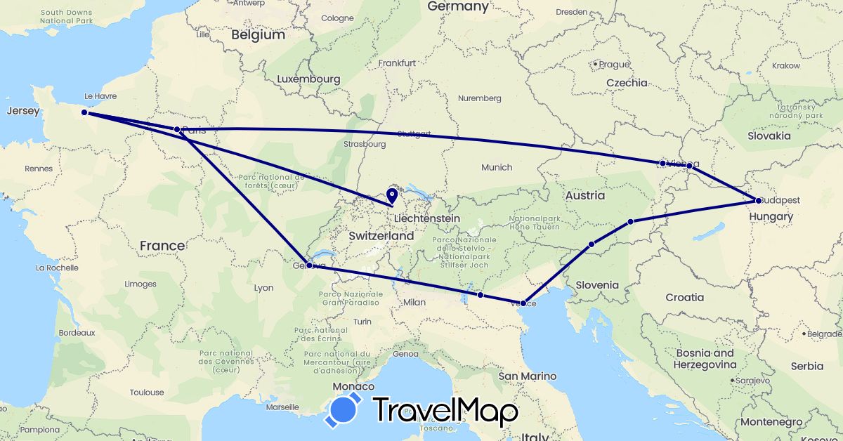 TravelMap itinerary: driving in Austria, Switzerland, France, Hungary, Italy, Slovakia (Europe)